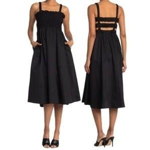 Topshop Shirred/Smocked Cotton Poplin Midi Black Dress XS (size US 0-2) NWT